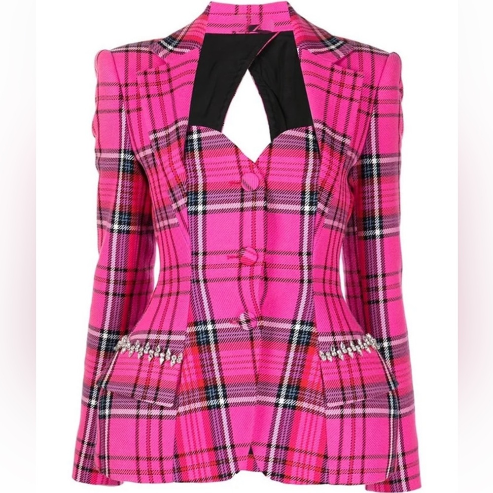 Bold Pink Plaid Tailored Blazer with Notch Neckline